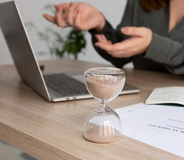 frau arbeitet am Schreibtisch mit Laptop und Unterlagen 